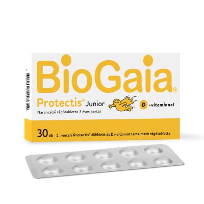 BioGaia Protectis Junior + D-vitamin, étrend-kiegészítő rágótabletta, 3 éves kortól, 30 db